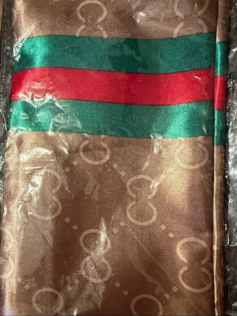 Silk-Feel Brown Scarf with Green and Red Stripe